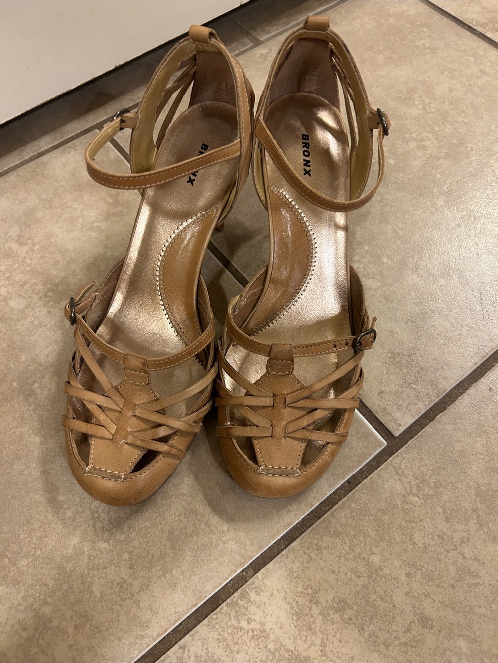 Bronx Tan Woven Strap Ankle-Heel Sandals